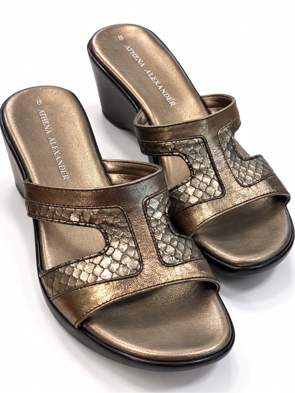 Athena Alexander Metallic Bronze Pewter Snakeskin Wedge Sandals Size 8
